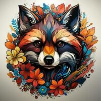 AI generated Bright and colorful digital artwork of a raccoon surrounded by flowers and leaves. The raccoon is looking directly at the viewer, with its big, curious eyes. photo