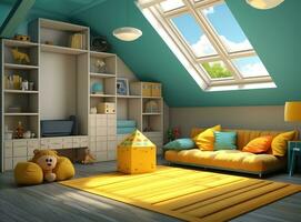 AI generated Bright and airy attic with colorful walls, couch, toys, and skylight. Natural light pours in through the skylight, making the room feel spacious and inviting. photo