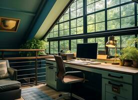 ai generado un foto realista imagen de un hogar oficina con un escritorio, computadora, estantería, y un grande ventana con un ver de arboles el habitación es pintado un ligero verde color y tiene un acogedor
