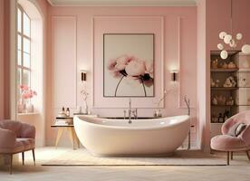 AI generated Elegant bathroom with a luxurious bathtub, chairs, and a painting of flowers on the wall. The bathtub is filled with water and there is a towel on the edge, inviting the viewer to take photo