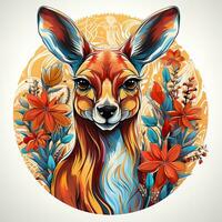 AI generated A mesmerizing and whimsical illustration of a kangaroo in a circle of flowers, created with a vibrant palette of colors and intricate details. The kangaroo's fur is a soft brown color photo