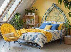 AI generated Scandinavian bedroom with a blue bed, yellow chair, white walls, and wooden floors. Decorated with simple and functional furniture, natural materials, and pops of color from the textiles photo