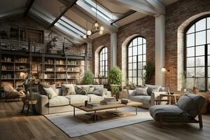 AI generated A modern living room with a comfortable couch, two accent chairs, a coffee table, and a large bookshelf. The room is spacious and has a lot of natural light. photo