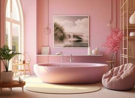 AI generated Glamorous pink bathroom with a luxurious bathtub and a painting of a waterfall on the wall. The bathtub is filled with water and there is a chair next to it, inviting the viewer to relax photo