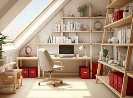 AI generated Well-organized home office with wooden desk, chair, and shelves. The desk is neatly organized with a computer, monitor, and paperwork. The chair is ergonomic and provides back support. photo