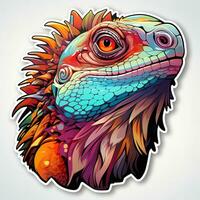 AI generated A mesmerizing and futuristic digital art illustration of a colorful iguana head in a unique neonpunk style. The iguana's scales are a vibrant purple color with bright blue photo