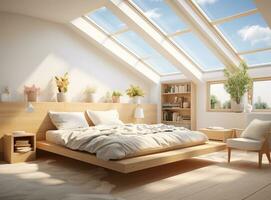 AI generated Cozy wood-paneled attic bedroom with bed, chair, skylights, and exposed beams. The bed is made with white sheets and a blue comforter photo