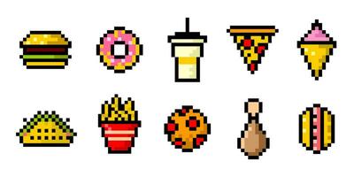 Fast food pixel art set of icons. Vintage, 8 bit, 80s, 90s games, computer arcade game items, pizza, ice cream, fries, hamburger. Vector illustration.