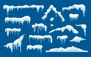 Snow caps, snowballs and frozen icicles of house roof, realistic icons isolated on blue background. Winter snow caps and frost icicles for Christmas and New Year design. vector