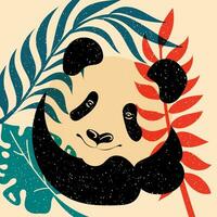 Panda on a background of tropical leaves. vector