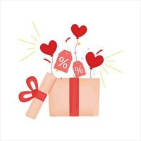 surprise open gift box valentine theme, confetti, discount voucher and heart balloons vector illustration