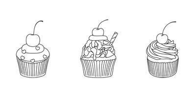 Set of line cupcakes with cherries. Hand drawn cupcake. Vector illustration on white background