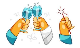 A set of vector elements on the theme of the holidays, clinking hands with glasses, a hand with a sparkler.