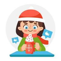 Vector Christmas illustration of a girl drinking hot chocolate with cream in cartoon style.