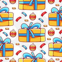 Vector Christmas pattern with gift boxes and Christmas balls in cartoon style.