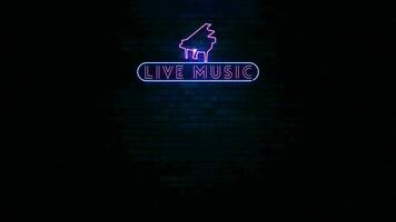 Animation of neon sign live music with piano shape in a brick wall with blue light at night video