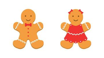 Colorful gingerbread man. Cheerful smiling red female and male character cookies for christmas biscuit and holiday dessert baking vector decoration