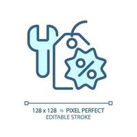 2D pixel perfect editable blue tools discount icon, isolated monochromatic vector, thin line illustration representing discounts. vector