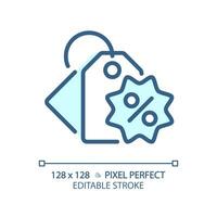 2D pixel perfect editable blue price tag icon, isolated monochromatic vector, thin line illustration representing discounts. vector