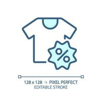 2D pixel perfect editable blue clothing discount icon, isolated monochromatic vector, thin line illustration representing discounts. vector