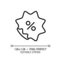 2D pixel perfect editable black discount percentage icon, isolated vector, simple thin line illustration representing discounts. vector