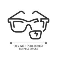 2D pixel perfect editable black broken eyeglasses icon, isolated simple vector, thin line illustration representing eye care. vector