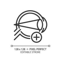 2D pixel perfect editable black hyperopia icon, isolated simple vector, thin line illustration representing eye care. vector