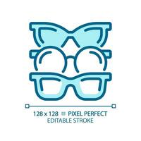 2D pixel perfect editable blue various eyeglasses icon, isolated monochromatic vector, thin line illustration representing eye care. vector