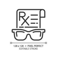 2D pixel perfect editable black spectacles prescription icon, isolated simple vector, thin line illustration representing eye care. vector