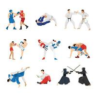 Set of flat icons fighters of various martial arts in uniform with weapon vector