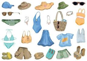 Summer time doodles collection. Set of clothes, accessories, bags, hats, swimsuits. Cartoon style vector illustrations. Colored cliparts isolated on white.