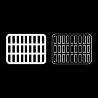 Grating grate lattice trellis net mesh BBQ grill grilling surface rectangle shape roundness set icon white color vector illustration image solid fill outline contour line thin flat style
