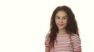 A sweet girl is holding a sock with gifts to the camera video