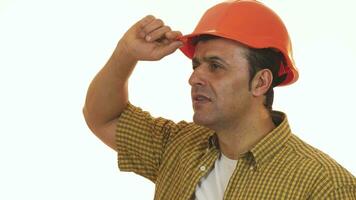 Professional contractor looking shocked wearing hardhat video