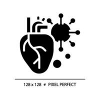 2D pixel perfect glyph style heart with virus icon, isolated vector, simple silhouette illustration representing bacteria. vector