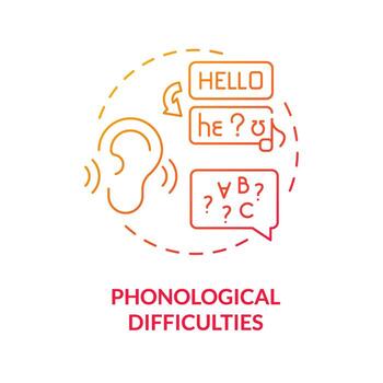 2d degradado rojo icono fonológico dificultades concepto, sencillo aislado vector, dislexia Delgado lineal ilustración vector