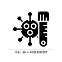 2D pixel perfect glyph style virus with tube icon, isolated vector, simple silhouette illustration representing bacteria. vector