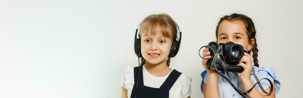 two little schoolgirls at recess. Children enjoy this recess. They smile fun. photo