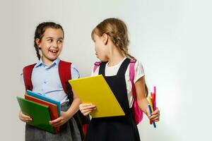 Portrait of two people nice cute lovely charming dreamy attractive cheerful pre-teen girls siblings showing aside ad promotion copy space isolated background photo