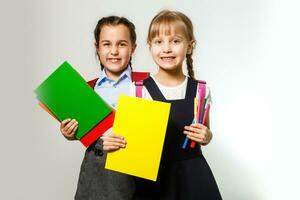 Portrait of two people nice cute lovely charming dreamy attractive cheerful pre-teen girls siblings showing aside ad promotion copy space isolated background photo