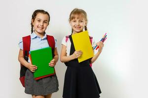 Portrait of two people nice cute lovely charming dreamy attractive cheerful pre-teen girls siblings showing aside ad promotion copy space isolated background photo