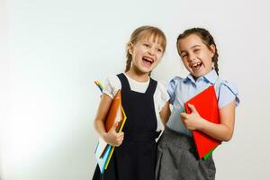 Portrait of two people nice cute lovely charming dreamy attractive cheerful pre-teen girls siblings showing aside ad promotion copy space isolated background photo