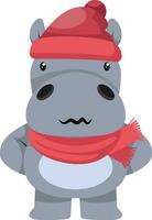 Hippo with scarf and hat, illustration, vector on white background.