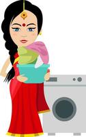 Indian woman with washing machine , illustration, vector on white background.