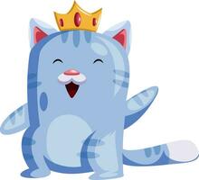 Light blue cat with a golden crown smiling and wavingvector illustration on white background. vector