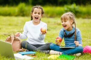 kids on the picnic in school grass yard are coming eat lunch in box. parent take care of childcare. photo