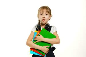 little blond school girl with backpack bag portrait isolated on white background photo