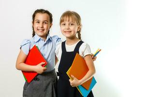 Portrait of two people nice cute lovely charming dreamy attractive cheerful pre-teen girls siblings showing aside ad promotion copy space isolated background photo