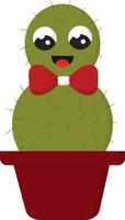 Smiling green cactus with a red bow in a red pot vector illustration on white background.