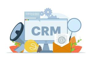 concepto de crm, cliente relación gestión, organización de datos acerca de trabajo con clientela, corporativo estrategia planificación, negocio datos análisis, plano vector ilustración en un blanco antecedentes.